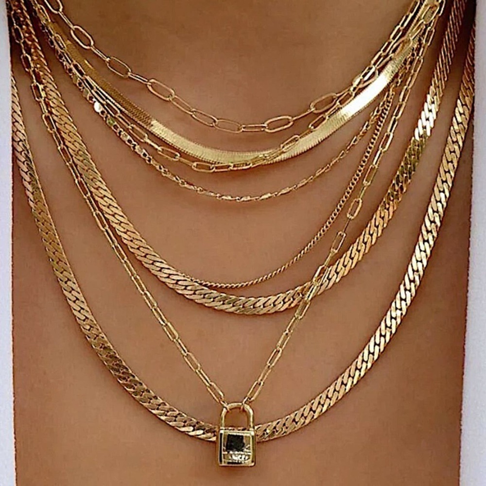 Gold Plated 18K Multilayer Necklace, Chain Link, Paperclip, Cuban, Lock